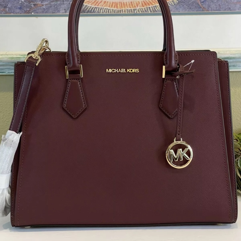 Michael Kors Women's Large Fashion Leather Tote Handbag Shoulder Bag Merlot Gold